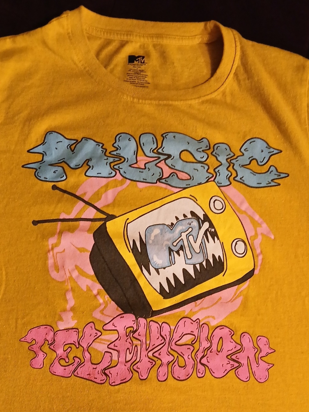 MTV Gold Tee with Blue, Pink & Black Graphic